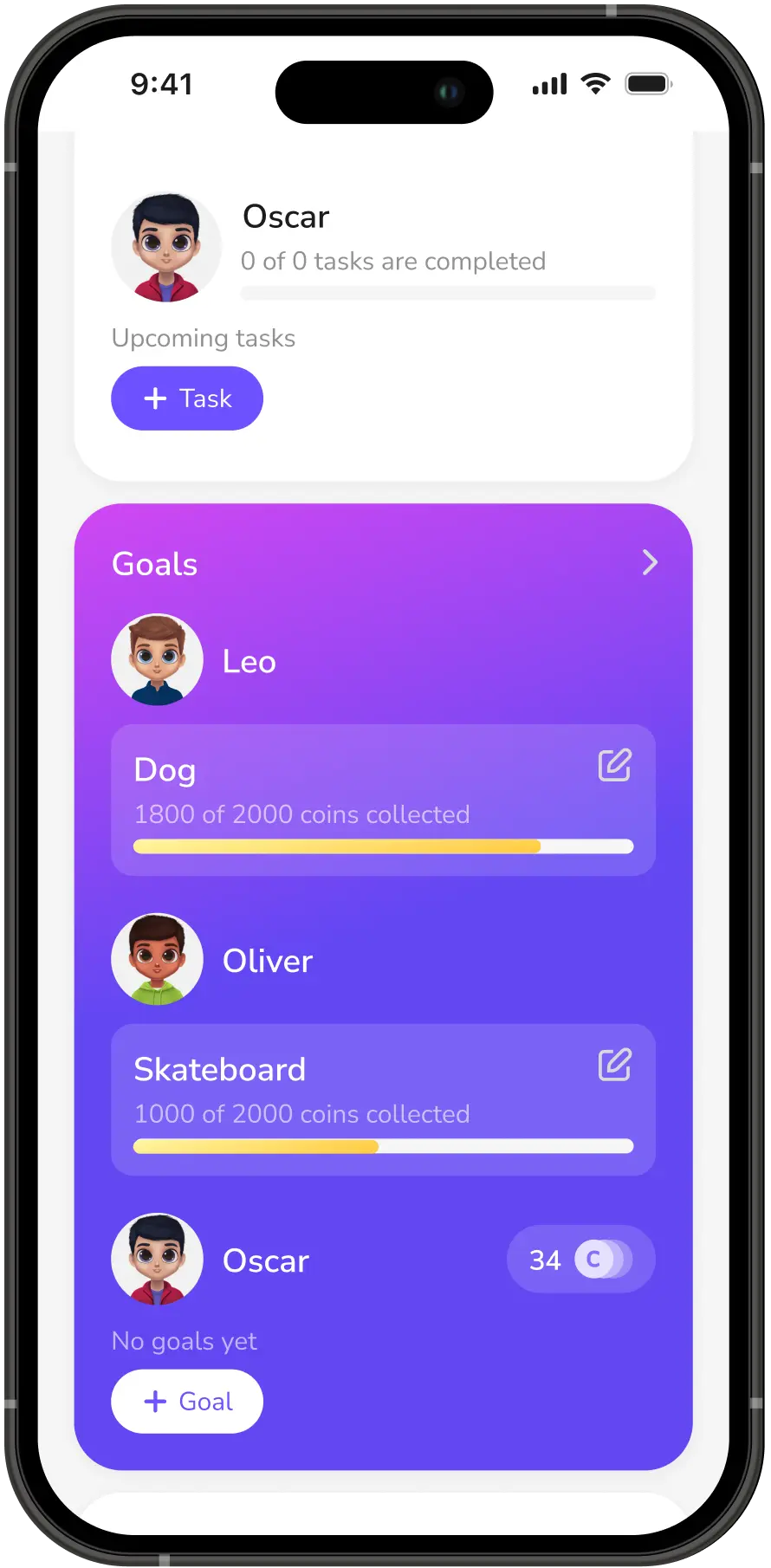 interface of mobile family planner for kids